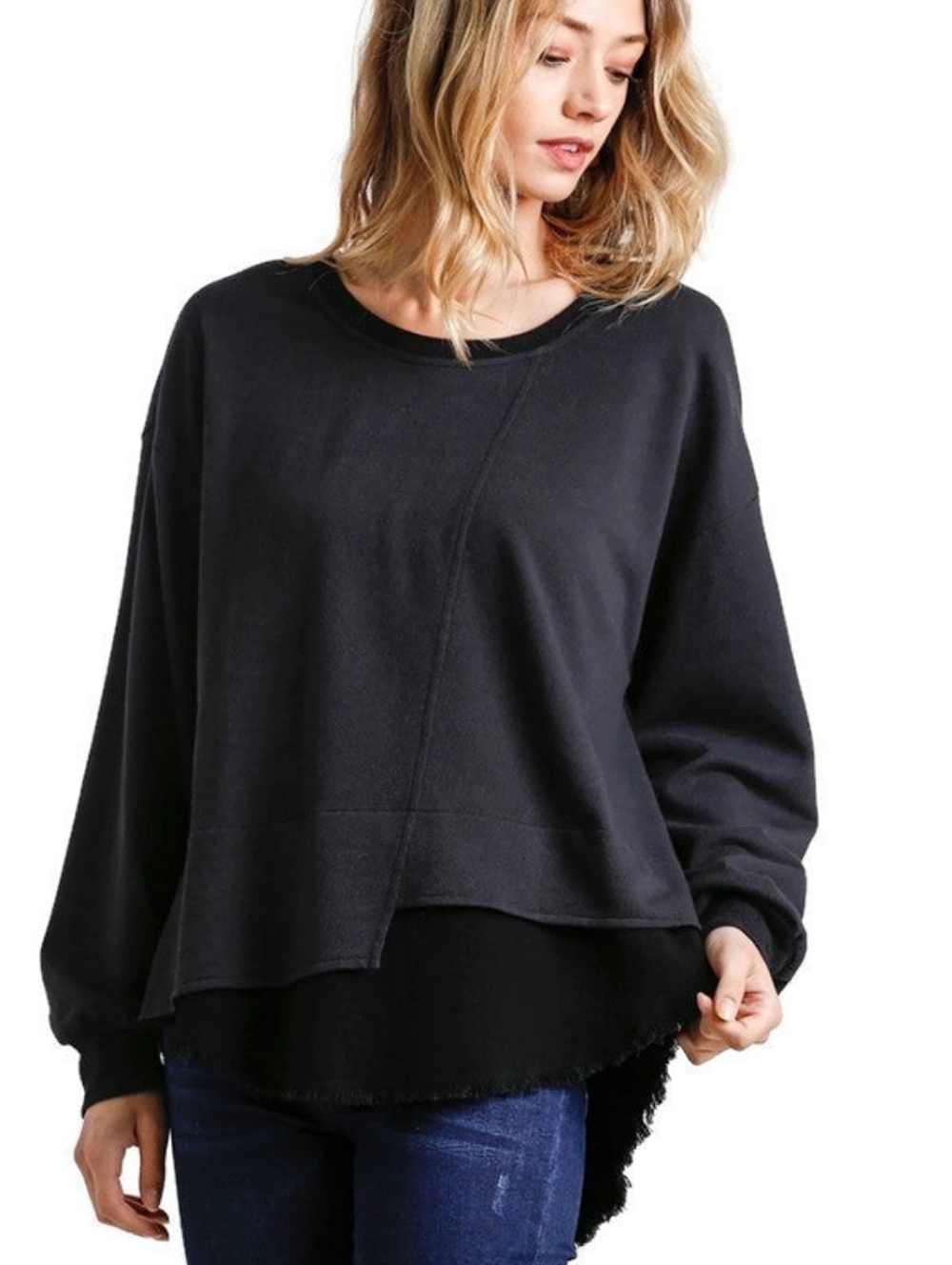 Umgee‎ Black Long Sleeve Layered Frayed Hem Top